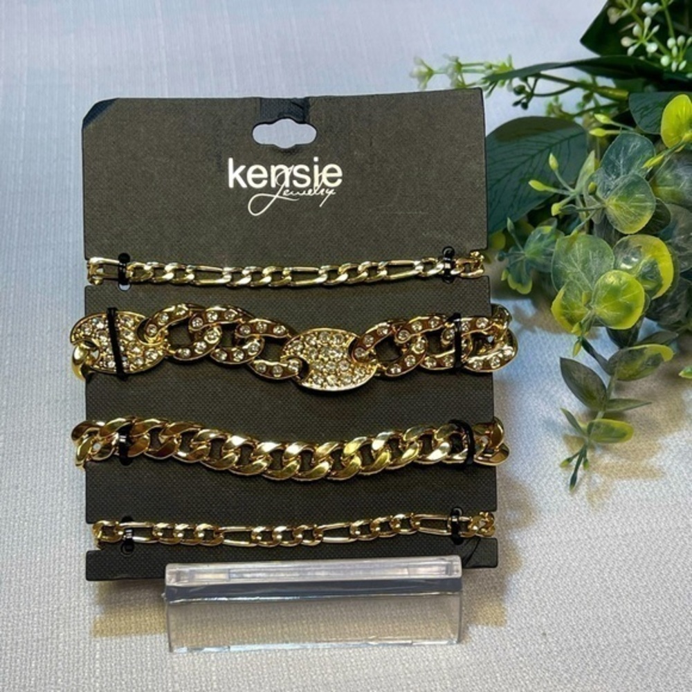 NWT Kensie 4 Piece Gold Tone & Rhinestone Chain Fashion Bracelet Set